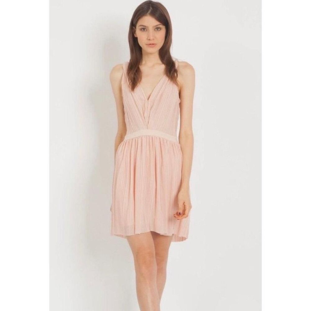 Maje Frasera Pleated V-Neck Mini Dress Light Pink Leather Trim Size 40 / US L